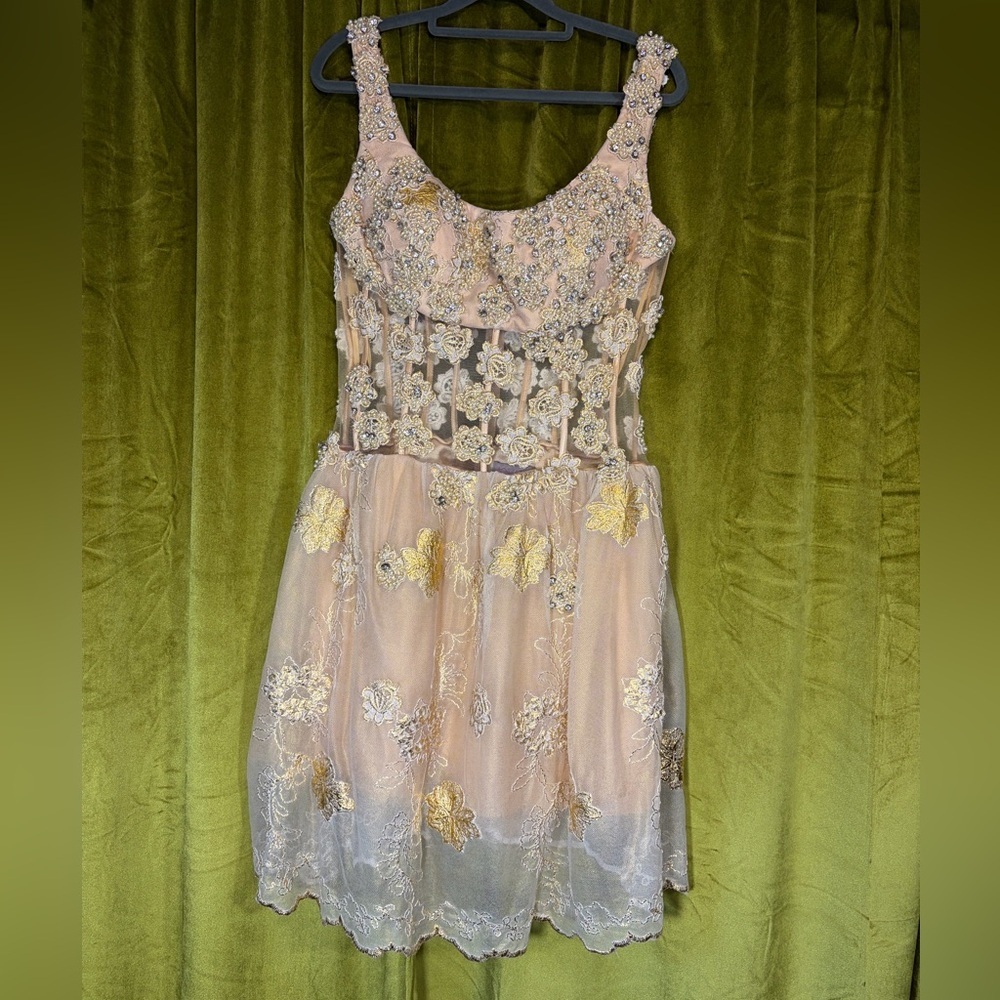 Jovani Y2K Creme Corset Gold floral Mini Cocktail Dress Jeweled & Beaded Size 10